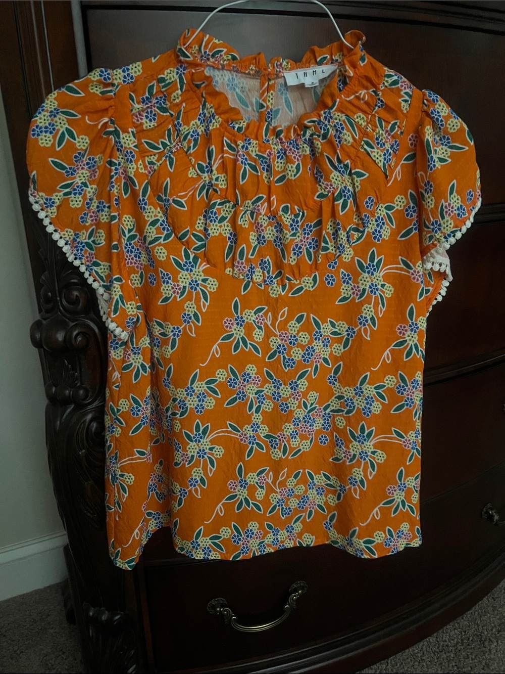 THML Orange Floral Ruffle Neck Blouse with Pom Trim